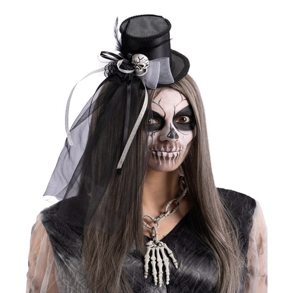 Immagine di MINI CAPPELLINO NERO IN RASO CON TESCHIO, DECORAZI