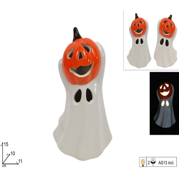 Immagine di Fantasma Ceramica C/ Zucca 15cm C/ Luci 2ass Ys242
