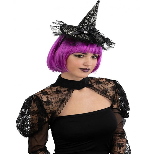 Immagine di CAPPELLINO  IN RASO NERO CON FIOCCO E PIZZO CON CE