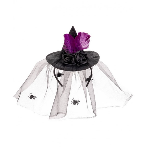 Immagine di CAPPELLINO IN RASO NERO CON ROSE,PIUME E VELETTA C