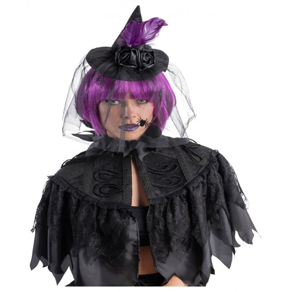 Immagine di CAPPELLINO IN RASO NERO CON ROSE,PIUME E VELETTA C